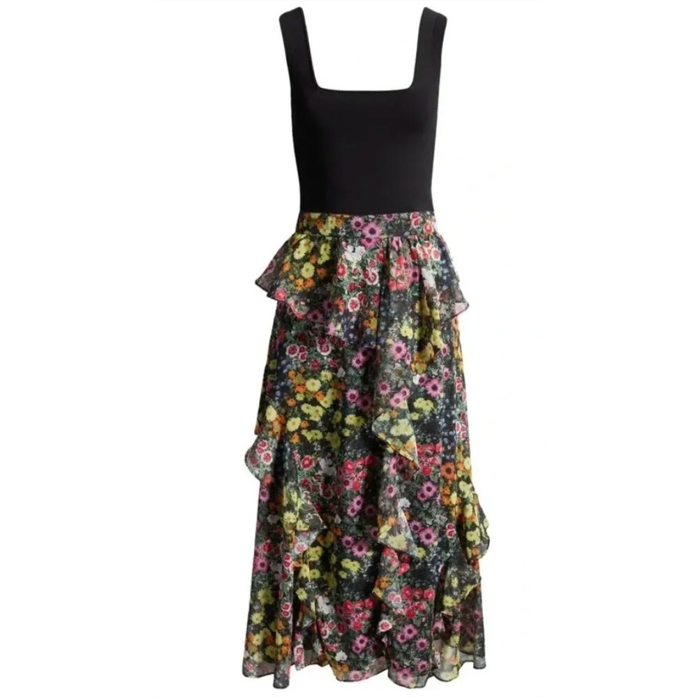 TED BAKER Jennias Dress Black Floral Tiered Ruffle Midi Women's 1 US XS 4